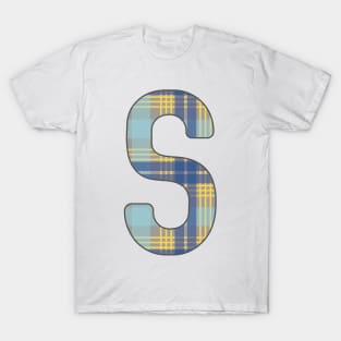 Monogram Letter S, Blue, Yellow and Grey Scottish Tartan Style Typography Design T-Shirt